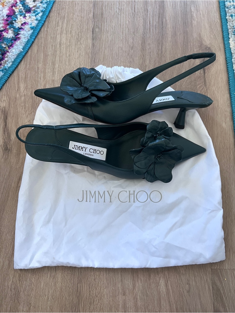 Jimmy Choo Black Leather Pointed Slingback Pumps with Floral Appliqué